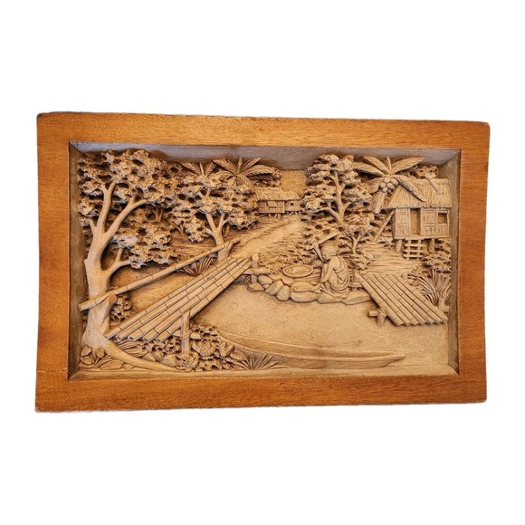 Other - Southeast Asian Hand Carved Wood High Relief Pastoral Rustic Village Hut Scene
